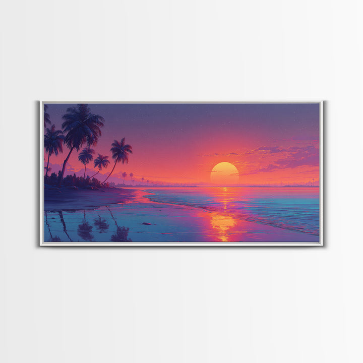 Serene Sunset Tropical Beach Landscape Digital Painting Large Wall Art For Living Room Framed Canvas
