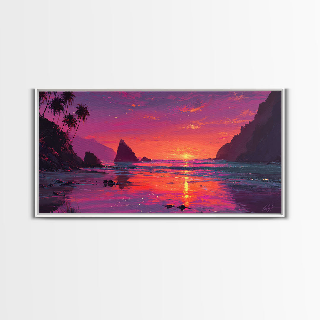 Vibrant Sunset Over Rocky Coastal Landscape Framed Canvas Print Large Wall Art For Modern Living Room And Contemporary Home Decor