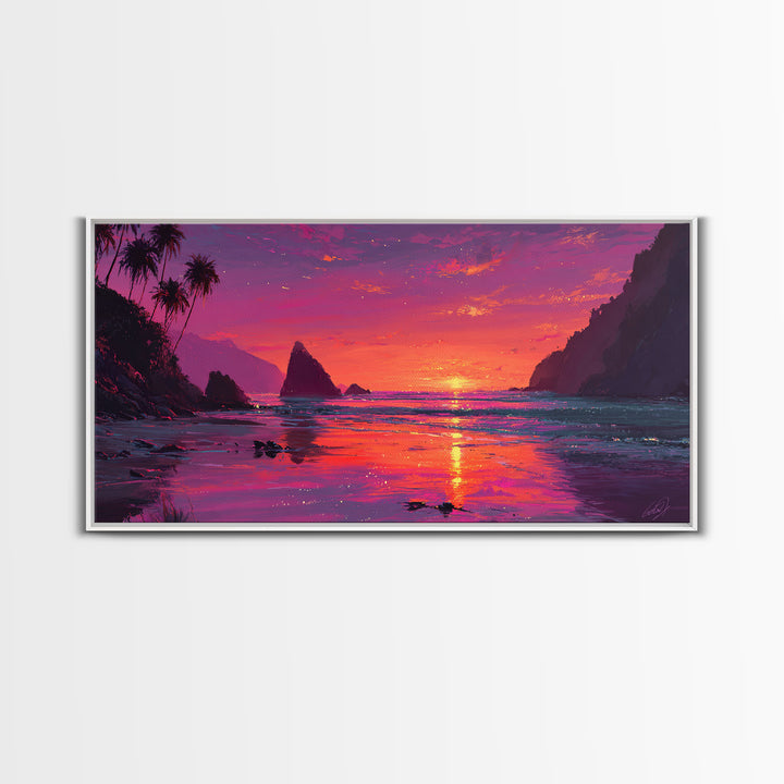 Vibrant Sunset Over Rocky Coastal Landscape Framed Canvas Print Large Wall Art For Modern Living Room And Contemporary Home Decor