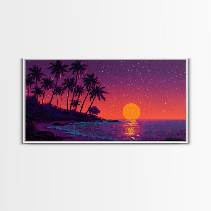 Pixel Art Vibrant Tropical Sunset Beach Scene With Palm Trees Retro Style Wall Art Framed Canvas Print For Coastal Decor