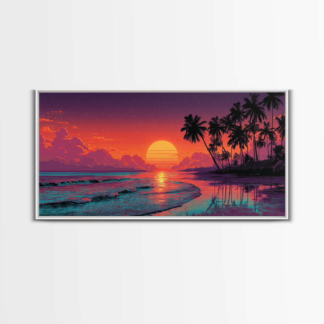 Sunset Tropical Beach Scene With Palm Trees And Calming Ocean Waves Aesthetic Wall Art For Coastal Home Decor
