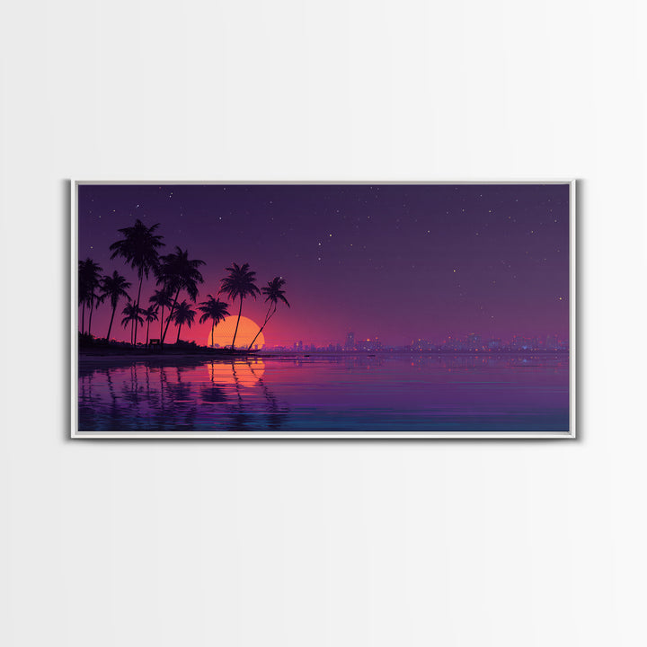 Digital Retro Sunset Beach Scene With Palm Trees Silhouettes Vibrant Coastal Wall Art Modern Wall Art Canvas Print