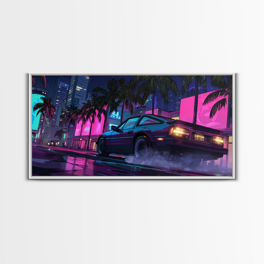 Retro Futurism DeLorean Car In Neon Cityscape Night Urban Wall Art Modern Canvas Print For Office Decor