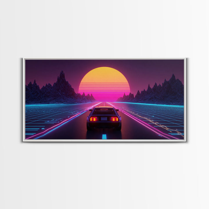 Retro Futuristic DeLorean Car Driving Toward Neon Digital Sun Synthwave Landscape Canvas Print Modern Wall Art For Office Decor