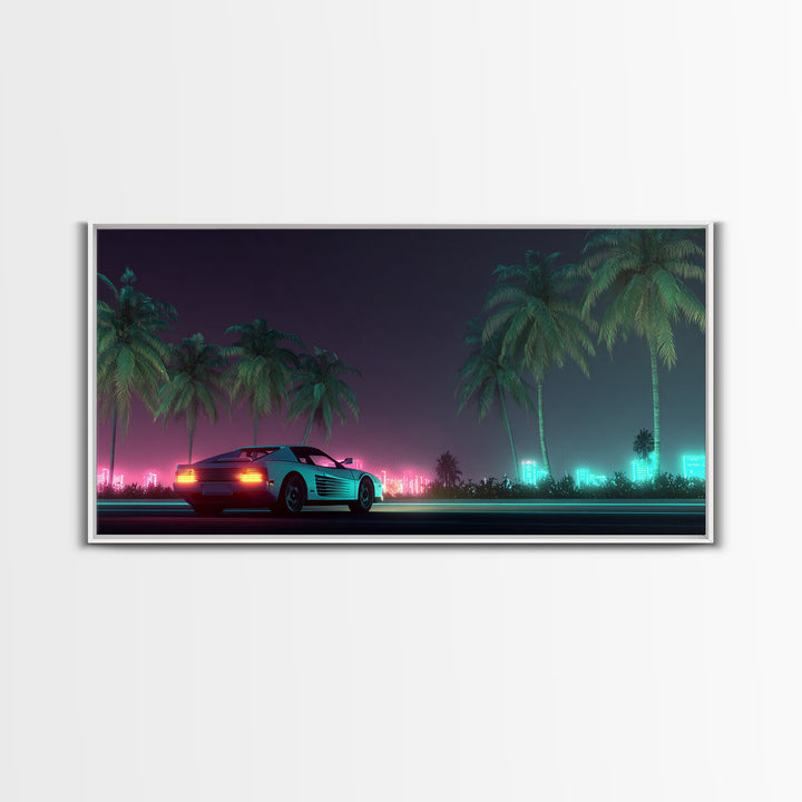 Retro Futuristic Car Neon Night Scene With Palm Trees And City Lights Canvas Print Modern Wall Art For Living Room Decor