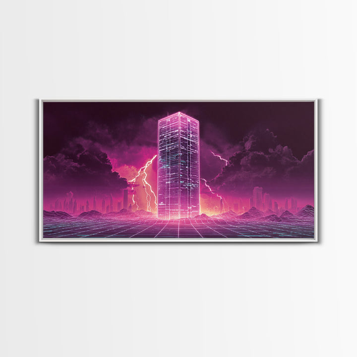 Vibrant Cyberpunk Neon Cityscape With Lightning Night Sky Retro Futuristic Wall Art High Quality Canvas Print