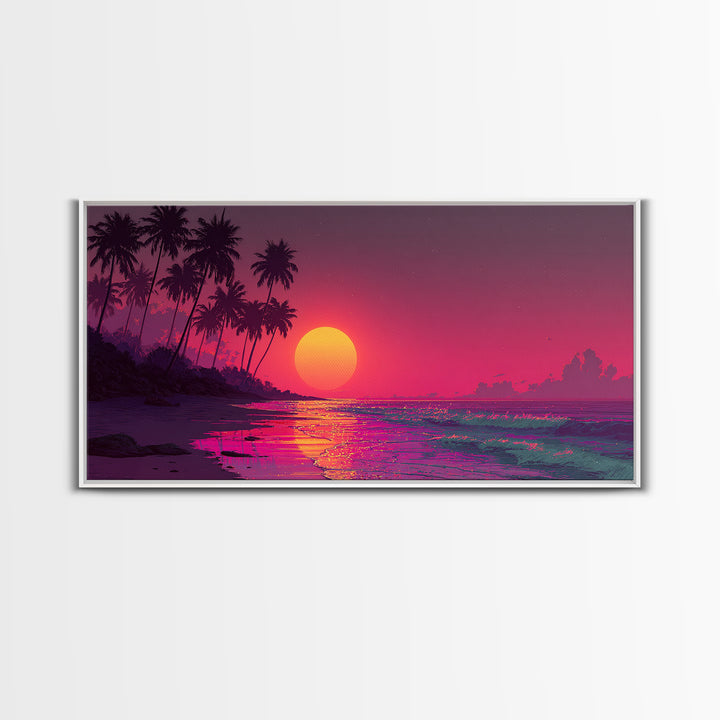 Vibrant Tropical Sunset Over Ocean With Palm Trees Canvas Print Coastal Wall Art Large Contemporary Wall Art For Beach House