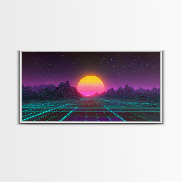 Retro Futuristic Neon Sunrise Over Wireframe Mountain Landscape Digital Artwork Canvas Print Wall Art for Modern Room Decor