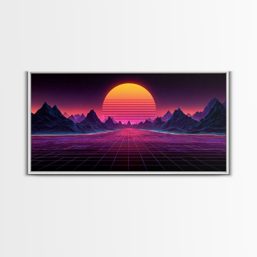Retro Futuristic Synthwave Landscape With Neon Sun Canvas Print Wall Art For Modern Aesthetic Decor