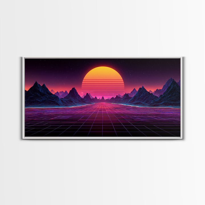Retro Futuristic Synthwave Landscape With Neon Sun Canvas Print Wall Art For Modern Aesthetic Decor