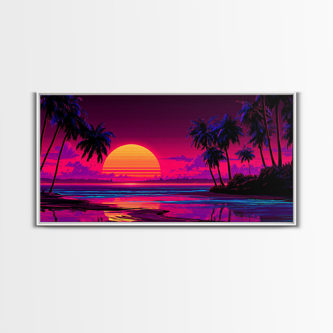 80s Retro Sunset Over Tropical Beach With Palm Trees Vibrant Neon Colors Canvas Print Framed Wall Art Large Wall Art For Living Room