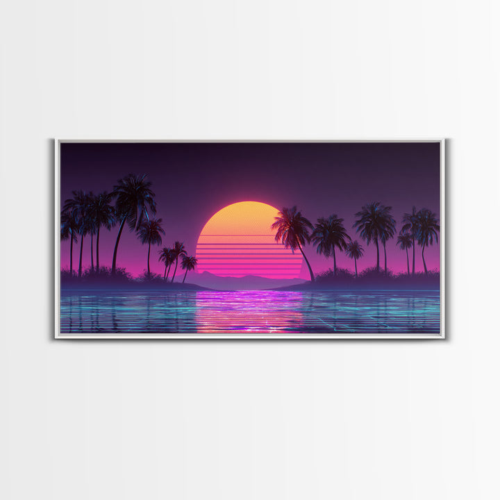Retro Sunset Beach Scene With Palm Trees And Reflective Water Canvas Print Vibrant Coastal Wall Art