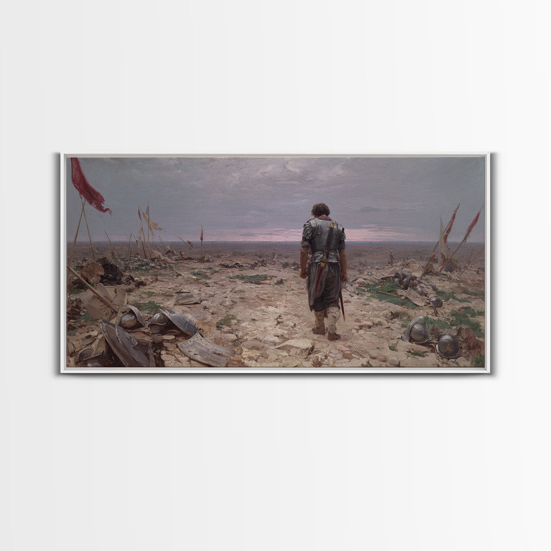 Lone Knight Walking Through Battlefield Wall Art, Medieval Landscape Canvas Print, Dark Academia Office Decor, Gift For Him