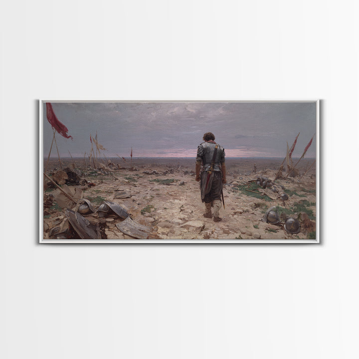 Lone Knight Walking Through Battlefield Wall Art, Medieval Landscape Canvas Print, Dark Academia Office Decor, Gift For Him