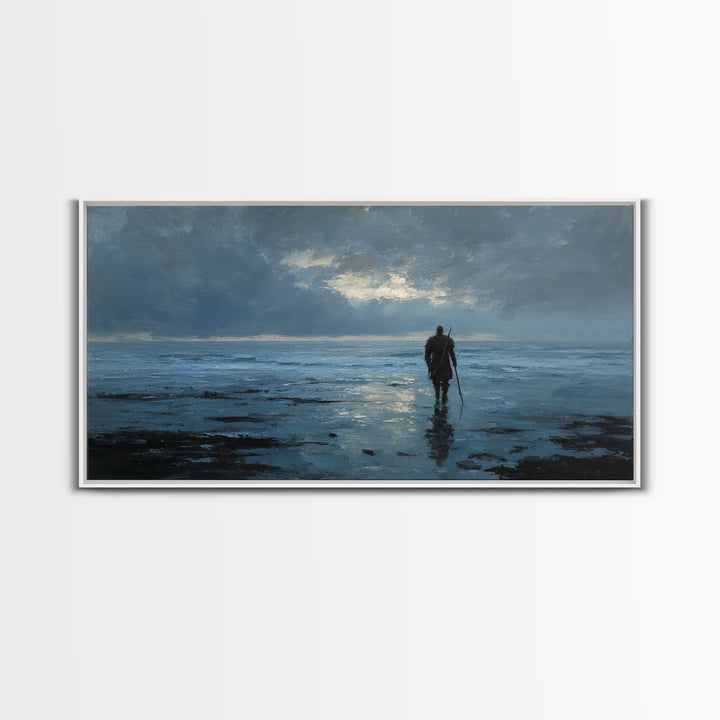 Lone Warrior Wading Through Blue Seascape Wall Art, Moody Ocean Canvas Print For Bedroom Decor And Masculine Office Decor
