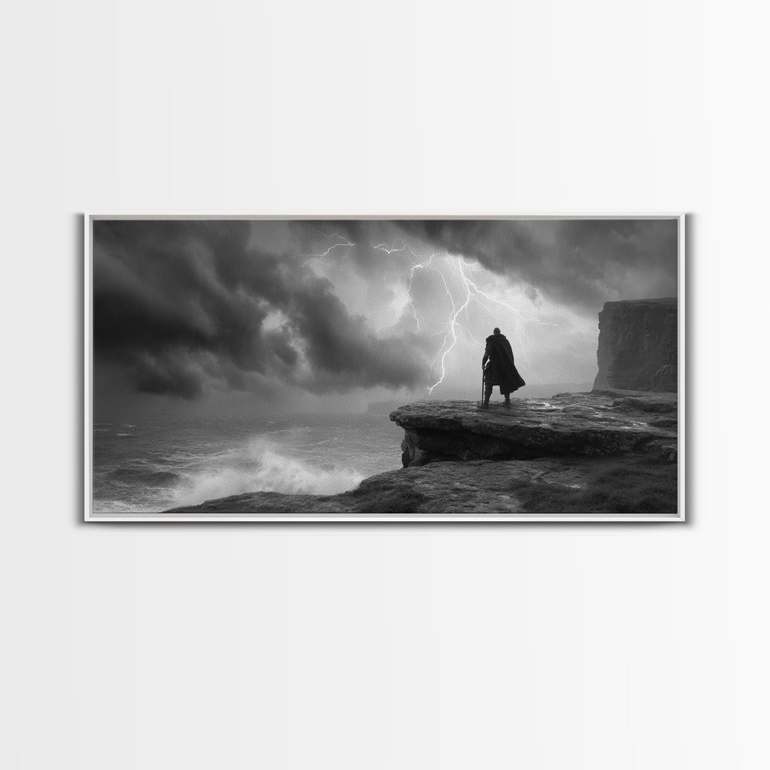 Dark Warrior On Stormy Sea Cliff Wall Art, Black And White Art, Gothic Wall Art, Moody Seascape, Masculine Office Decor