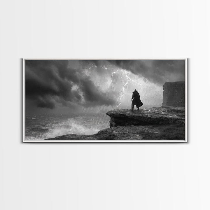 Dark Warrior On Stormy Sea Cliff Wall Art, Black And White Art, Gothic Wall Art, Moody Seascape, Masculine Office Decor
