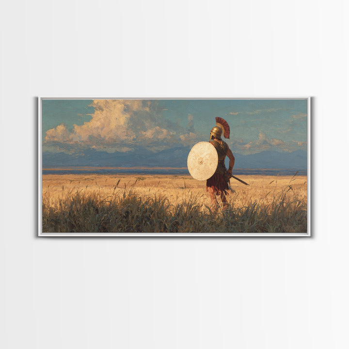 Spartan Warrior In Golden Field Framed Canvas Print, Ancient Greek Landscape Wall Decor, Historical Wall Art For Home Decor