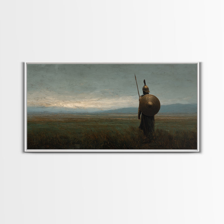 Ancient Shield Warrior In Quiet Field Wall Art Historical Landscape Painting, Greek Soldier Canvas Print For Office Decor