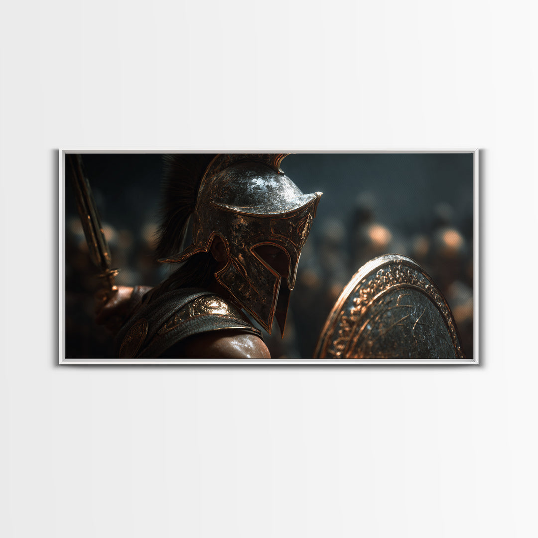 Bronze Spartan Soldier With Shield Framed Canvas Print, Ancient Greek Wall Art, Gladiator Decor, Masculine Office Poster