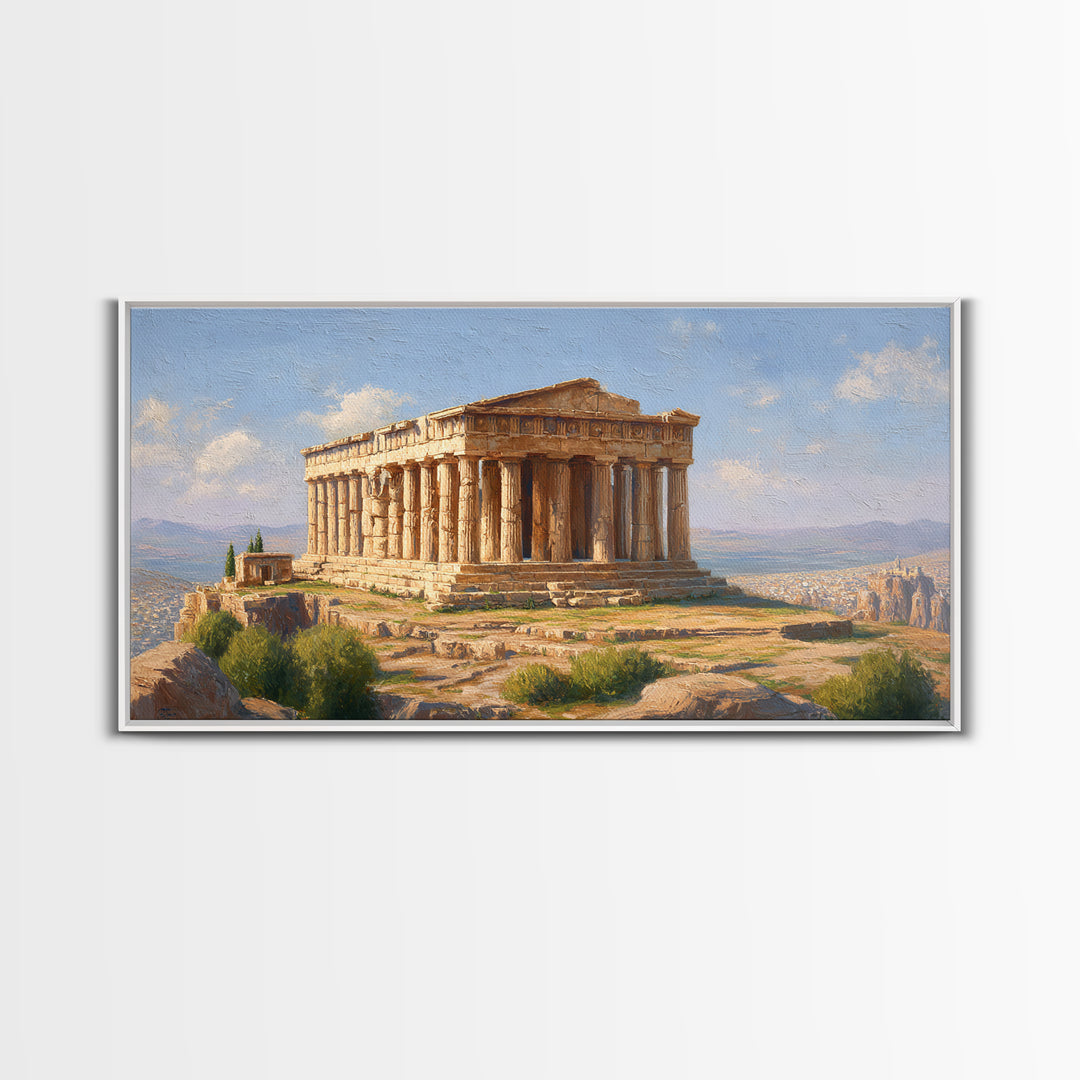 Sunlit Greek Temple Parthenon Wall Art, Ancient Architecture Painting, Mediterranean Landscape, Classic Home Decor Print