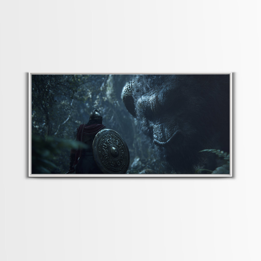 Armored Warrior Facing Giant Forest Bear Framed Canvas Print, Fantasy Art, Animal Wall Art, Dark Wall Art, Unique Gift, Home Decor
