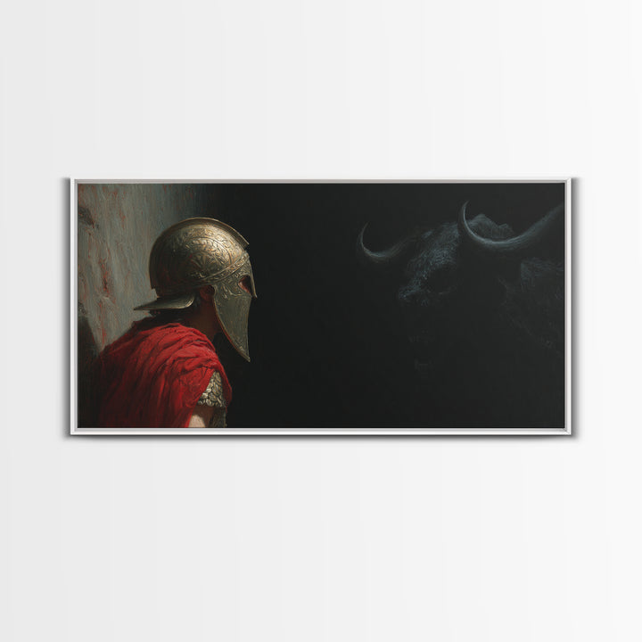Helmeted Hero Facing Shadow Bull Framed Canvas Print, Mythological Wall Art, Dark Fantasy Decor, Greek Myth Gift For Him