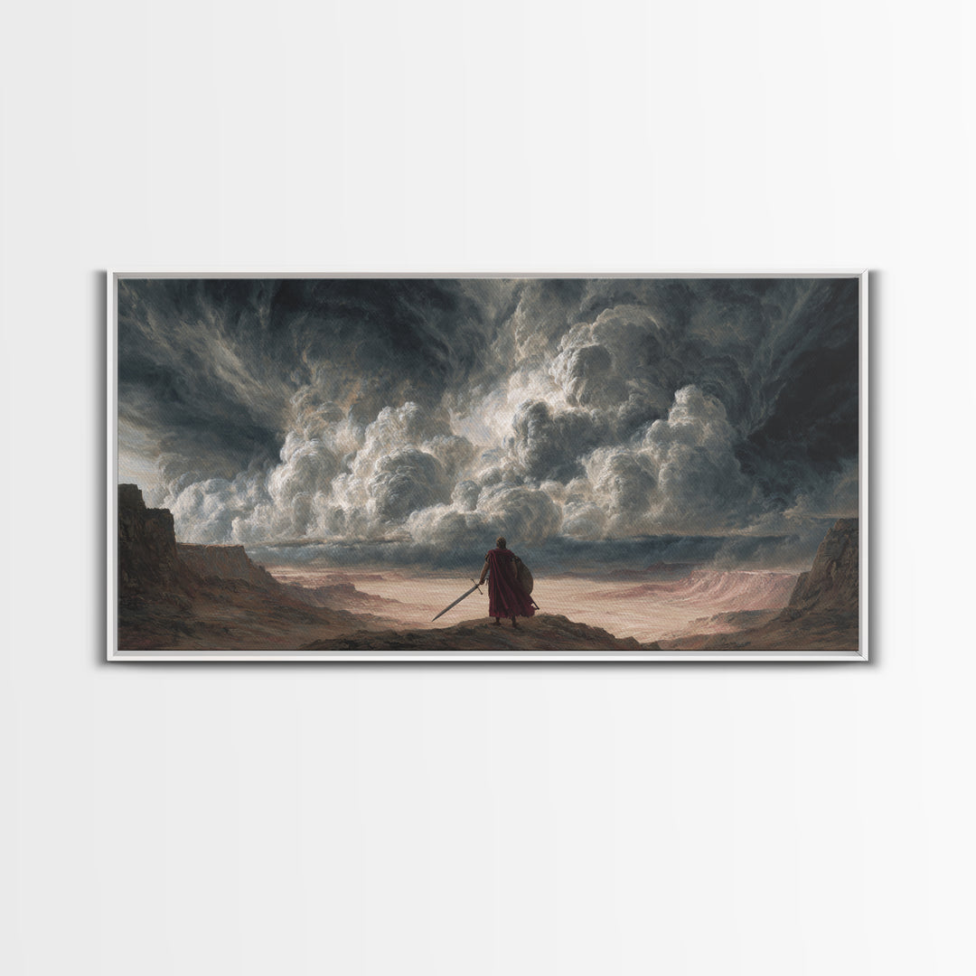 Solitary Warrior Beneath Apocalyptic Storm Canvas Print, Epic Fantasy Wall Art, Dramatic Landscape Decor For Living Room