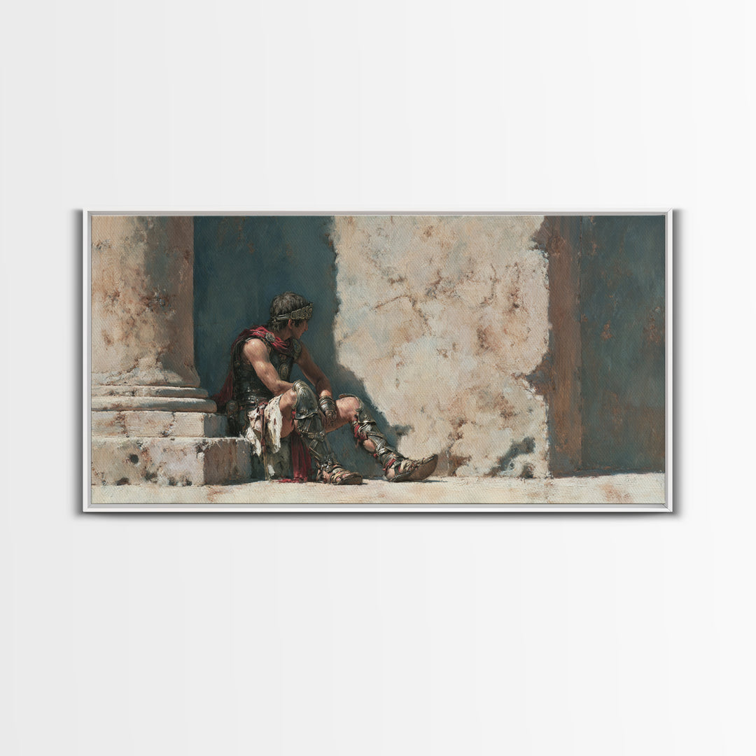 Resting Roman Gladiator In Sunlit Stone Hall Wall Art, Historical Warrior Framed Canvas Print For Classical Home Decor Gift