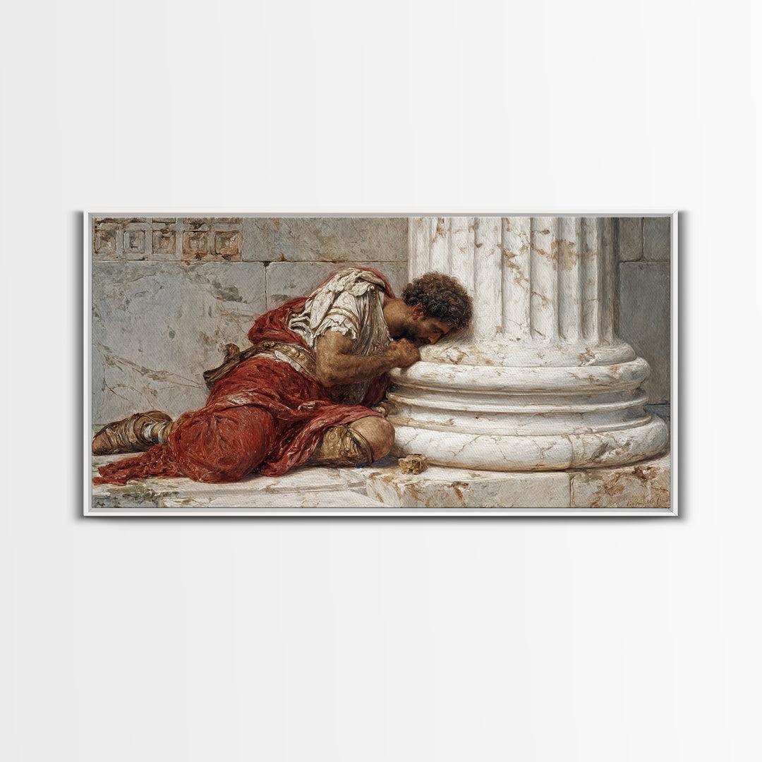 Wounded Roman By Marble Column Framed Canvas Print, Classical History Wall Art, Dark Academia Decor, Ancient Rome Artwork