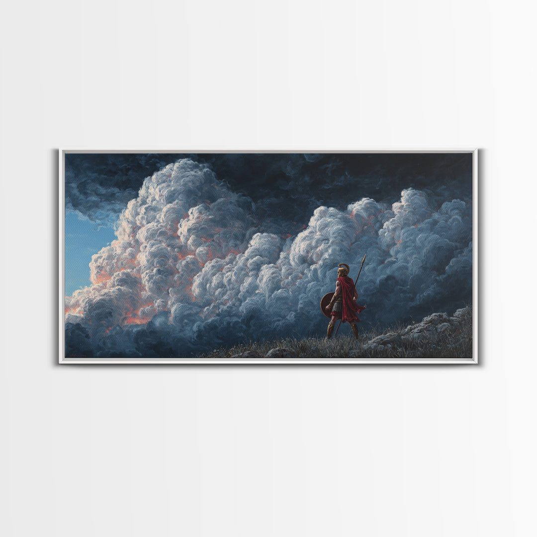 Small Warrior Before Towering Storm Clouds Wall Art, Dramatic Fantasy Canvas Print For Kids Room Decor And Moody Home Decor