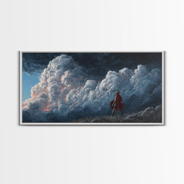 Small Warrior Before Towering Storm Clouds Wall Art, Dramatic Fantasy Canvas Print For Kids Room Decor And Moody Home Decor