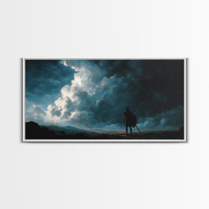 Lone Warrior Beneath Storm Clouds Canvas Print, Moody Landscape Wall Art, Dark Fantasy Decor, Masculine Office Art, Gift For Him