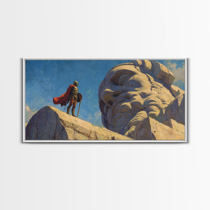 Knight Beside Giant Ancient Statue Wall Art, Epic Fantasy Landscape, Medieval Canvas Decor, Dramatic Office Art Print For Living Room
