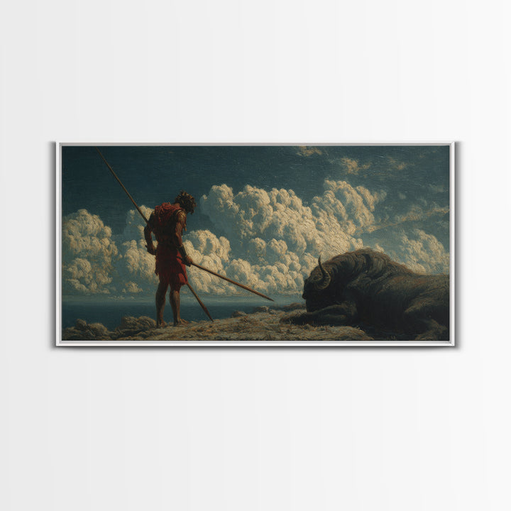 Ancient Spear Hunter And Bison Wall Art, Mythological Warrior Painting, Rustic Wildlife Decor, Epic Fantasy Home Decor Gift