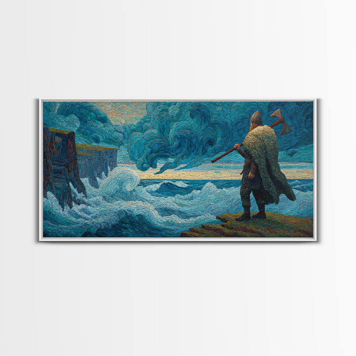 Viking Warrior Facing Blue Storm Waves Wall Art, Nautical Art, Fantasy Art, Textured Wall Art, Ocean Wall Art, Coastal Decor
