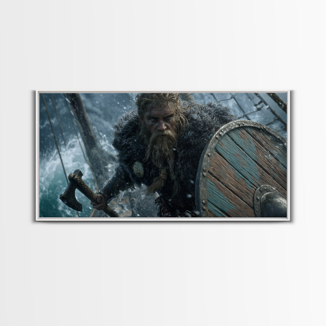 Dramatic Viking Warrior With Beard Holding Axe And Wooden Shield Battle Scene Wall Art Canvas Print