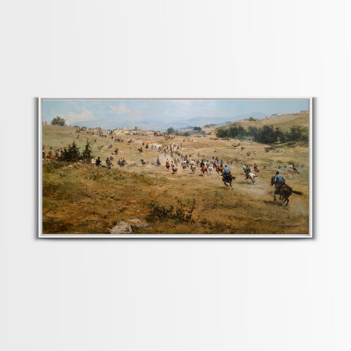 Cavalry Charge Across Rolling Hills Wall Art, Historical Battle Canvas Print For Rustic Living Room Decor And Office Decor