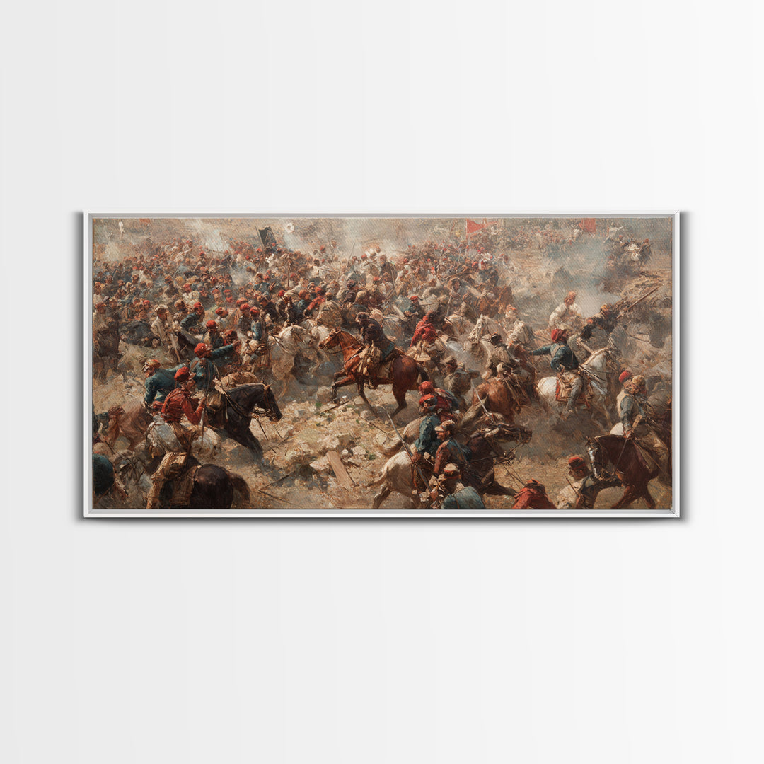 Panoramic Cavalry Charge In Dusty Battle Wall Art, Historic War Canvas Print, Large Living Room Decor, Equestrian Art Print