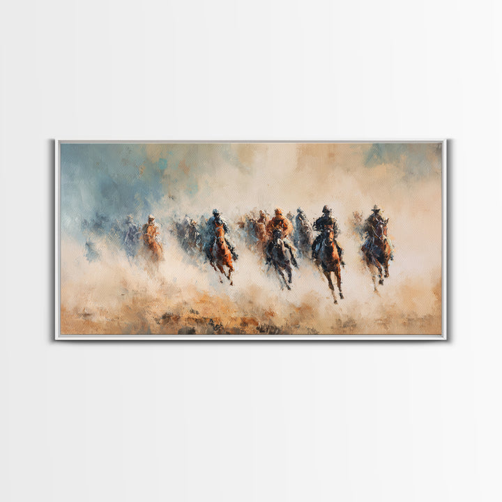 Galloping Horse Riders In Dust Canvas Print, Western Wall Art, Abstract Landscape, Rustic Ranch Decor, Gift For Horse Lover