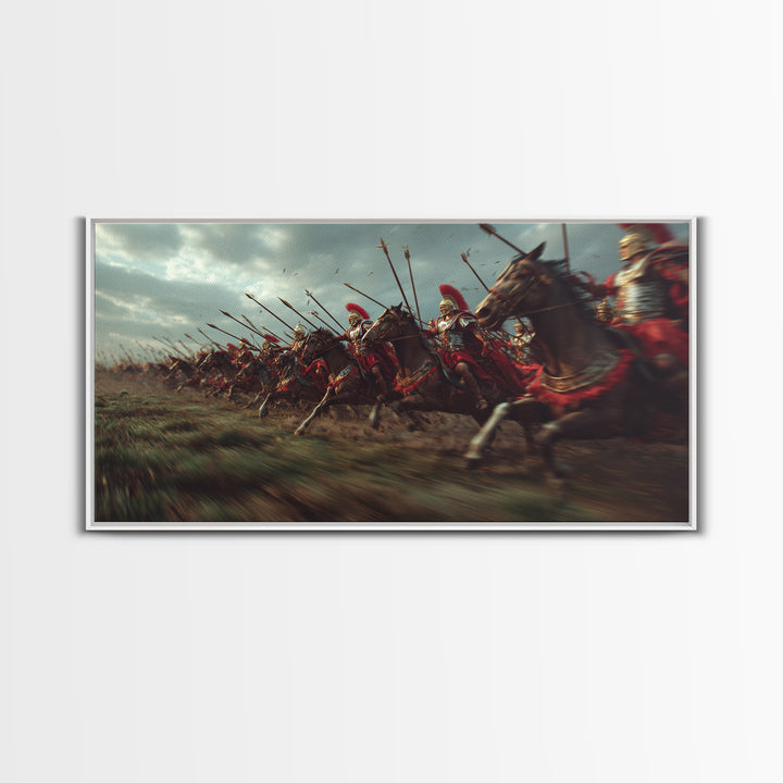 Ancient Cavalry Charge Across Battlefield Wall Art, Horse Racing Battle Canvas Print, Greek Warrior Decor, Dramatic History Poster