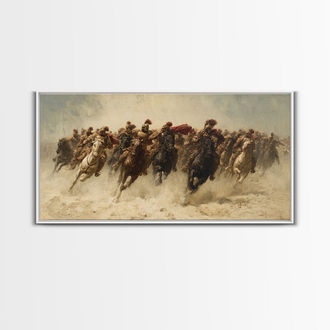 Charging Cavalry Across Dusty Plains Canvas Print, Equestrian Battle Wall Art, Western Horse Decor, Statement Living Room Art
