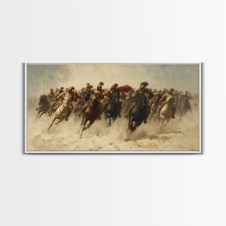 Charging Cavalry Across Dusty Plains Canvas Print, Equestrian Battle Wall Art, Western Horse Decor, Statement Living Room Art