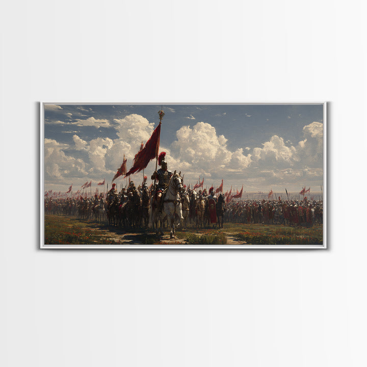 Mounted Knight Army With Red Banner Framed Canvas Print, Medieval Battle Wall Decor, Historical Art, Living Room Decor, Statement Artwork