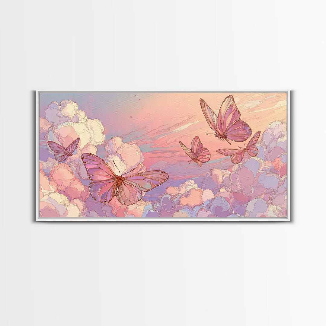 Pastel Butterfly Clouds Wall Art, Dreamy Pink Sky Illustration, Whimsical Nursery Decor, Celestial Bedroom Print For Girls Room