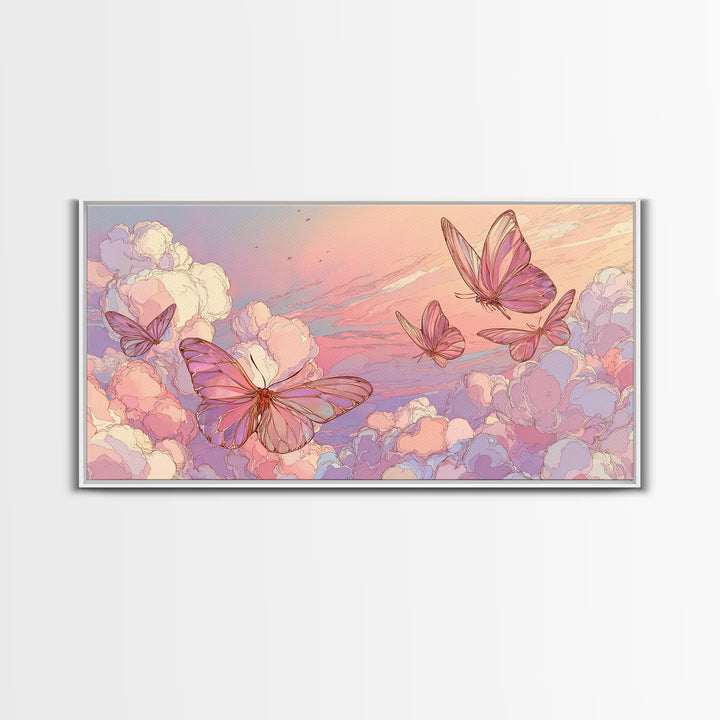 Pastel Butterfly Clouds Wall Art, Dreamy Pink Sky Illustration, Whimsical Nursery Decor, Celestial Bedroom Print For Girls Room