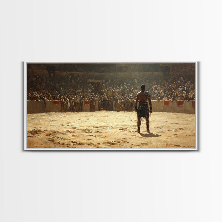 Gladiator Facing Roaring Arena Wall Art, Ancient Rome Warrior Canvas Decor, Historical Battle Painting For Man Cave Decor