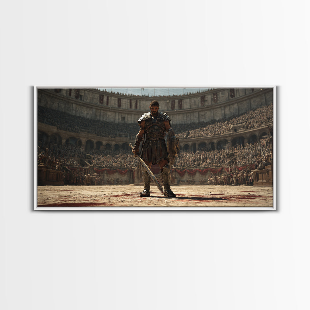 Majestic Gladiator In Arena With Sword And Shield Large Wall Art Framed Canvas Print For Man Cave Decor And Historical Art Prints