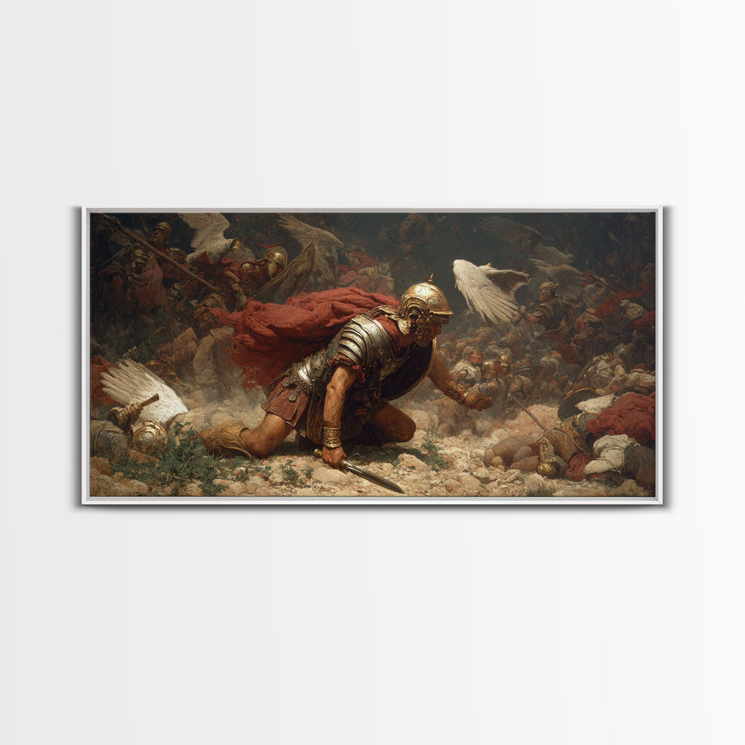 Fallen Roman Soldier In Chaotic Battle Framed Canvas Print, Classical War Wall Decor, Baroque History Art, Dark Academia