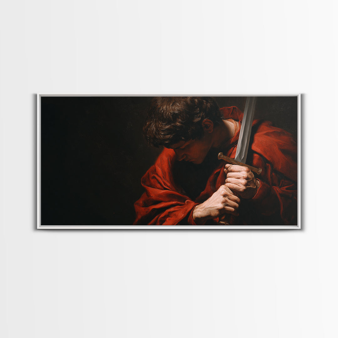 Red Cloaked Swordsman In Shadow Framed Canvas Print, Medieval Portrait Wall Art, Dark Academia Office Decor, Gift For Him